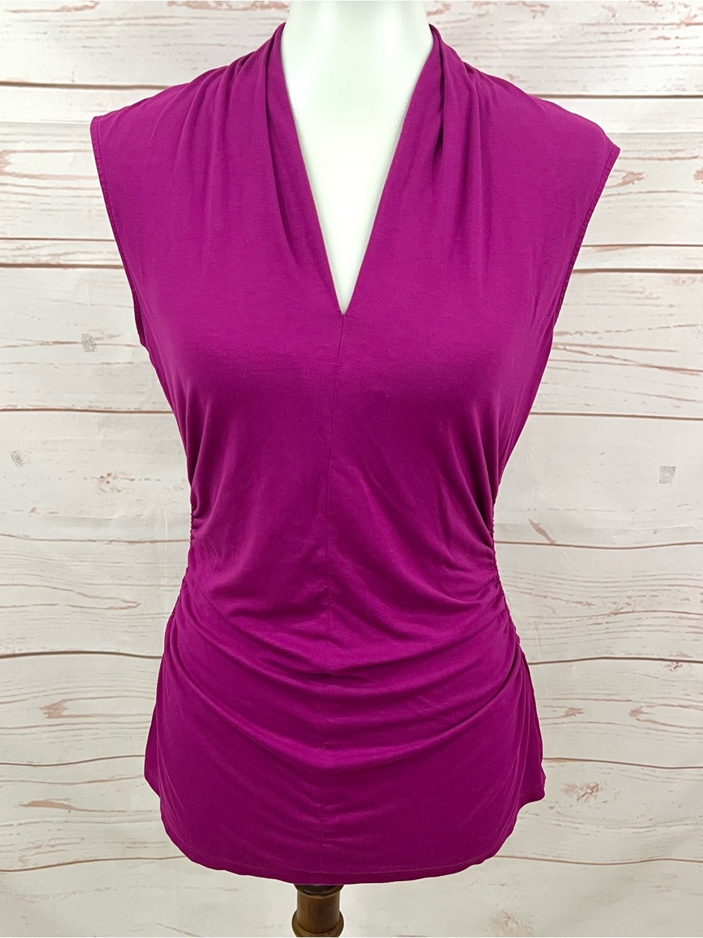 Vince Camuto Magenta Stretch Jersey Ruched V-neck Sleeveless Tunic Top